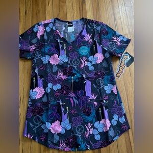 NWT Tooniforms women’s sleeping beauty maleficent scrub top size XS